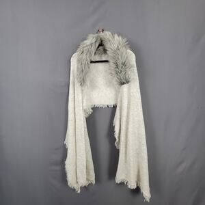CAbi Faux Fur Collar Knit Wrap Poncho Shawl Ivory Luxe Glam Layering